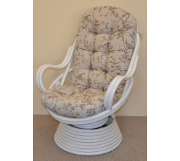 Ratanové houpací křeslo Swivel bílé polstr motiv ptáci