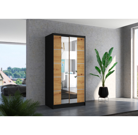 Šatní skříň s posuvnými dveřmi a zrcadlem KSAWER 100 Black+Artisan