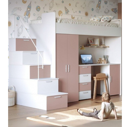 Patrová postel PARADISE 4S Bílá Starorůžová mat Patrová postel PARADISE 4S Bílá Starorůžová mat