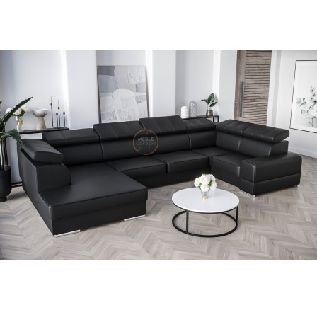 Rohová Kožená sedací souprava s funkcí spaní ROYAL MAX I 210x375x185 - Pravá strana, černá kůže