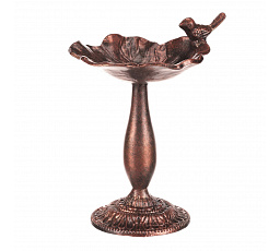 Krmítko/pítko - kovový stojan, s ptáčkem, barva měděná-antik