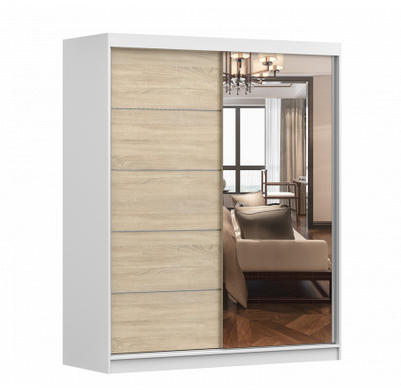 Šatní skříň BONO 05 se zrcadlem, Bílá/Dub Sonoma