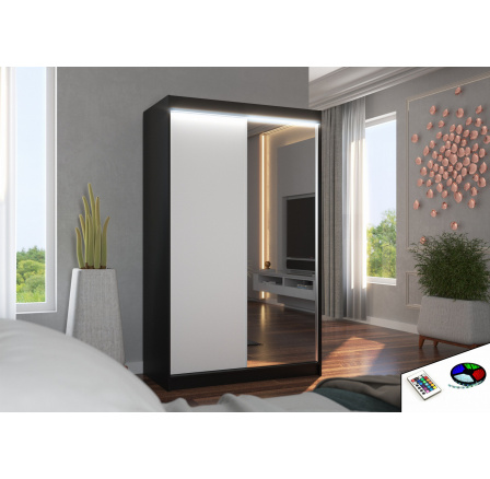 Posuvná skříň se zrcadlem a LED osvětlením REWENA 120 Černá+Bílá