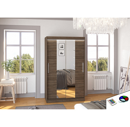 Šatní skříň s posuvnými dveřmi, zrcadlem a LED osvětlením SANTOS 120 Choco+Choco Šatní skříň s posuvnými dveřmi, zrcadlem a LED osvětlením SANTOS 120 Choco+Choco
