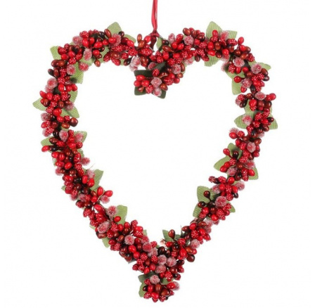 Srdíčko na zavěšení s bobulemi, barva červená omrzlá ,umělá dekorace