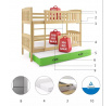 Dětská patrová postel KUBUS 3 s přistýlkou 90x200 cm, včetně matrací, Přírodní/Zelená