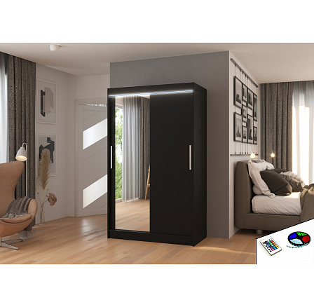 Posuvná skříň se zrcadlem a LED osvětlením BARIO 120 Černá+Černá