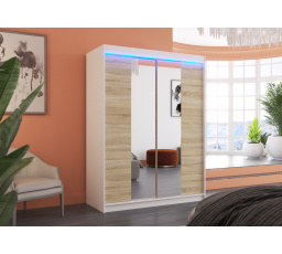 Posuvná skříň se zrcadlem a LED osvětlením FEVER 150 Bílá+Sonoma