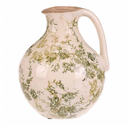 Váza keramická - džbánek, retro, zelené květy, vel. M