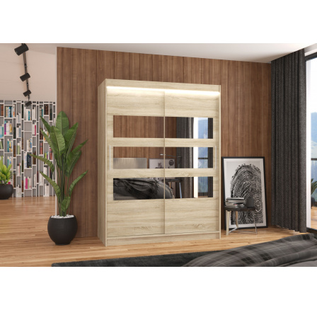 Posuvná skříň se zrcadlem a LED osvětlením FLORENTO 150 Sonoma+Sonoma