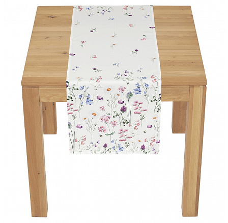 Běhoun - barevné luční kvítí, bílý základ, 100 % polyester, 40 x 150 cm