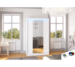 Šatní skříň s posuvnými dveřmi, zrcadlem a LED osvětlením SANTOS 120 Bílá+Bílá