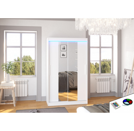 Šatní skříň s posuvnými dveřmi, zrcadlem a LED osvětlením SANTOS 120 Bílá+Bílá Šatní skříň s posuvnými dveřmi, zrcadlem a LED osvětlením SANTOS 120 Bílá+Bílá
