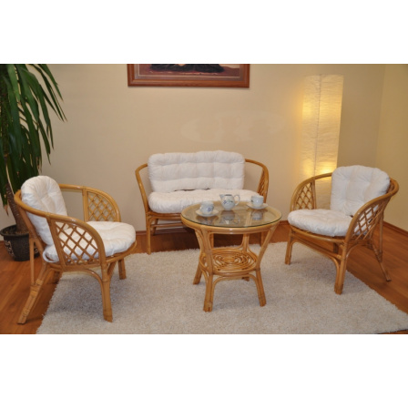 Ratanová sedací souprava Bahama medová velká polstry bílé Ratanová sedací souprava Bahama medová velká polstry bílé