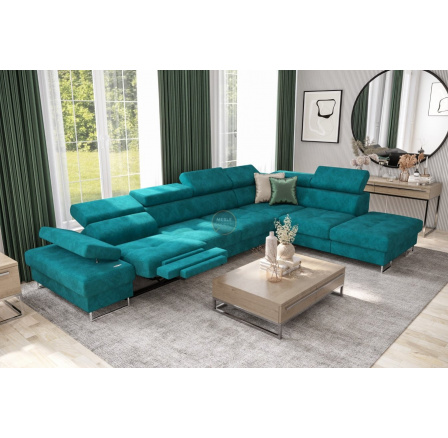 Rohová sedací souprava GALAXY , relax s funkcí spaní 225X350 cm - tyrkysová, pravá