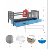 Dětská postel KUBUS 90x200 cm se šuplíkem, s matrací, Grafit/Modrá