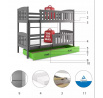 Dětská patrová postel KUBUS se šuplíkem 90x200 cm, včetně matrací, Grafit/Zelená