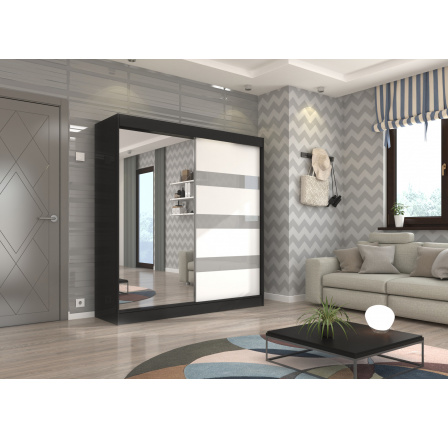 Posuvná skříň se zrcadlem a lacobelem TOURA 200 Černá+Bílá