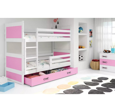 Dětská patrová postel RICO se šuplíkem 80x160 cm, včetně matrací, Přírodní/Růžová Dětská patrová postel RICO se šuplíkem 80x160 cm, včetně matrací, Přírodní/Růžová