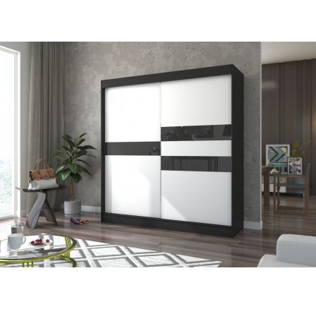 Šatní skříň s posuvnými dveřmi s lacobelem BATIA 200 Černá+Bílá