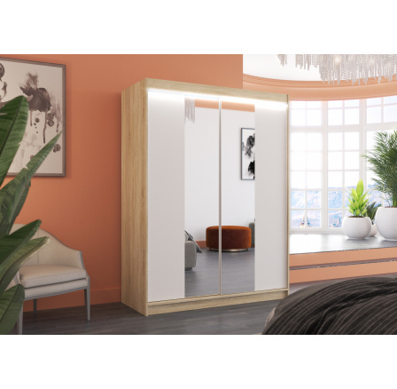 Posuvná skříň se zrcadlem a LED osvětlením FEVER 150 Sonoma+Bílá