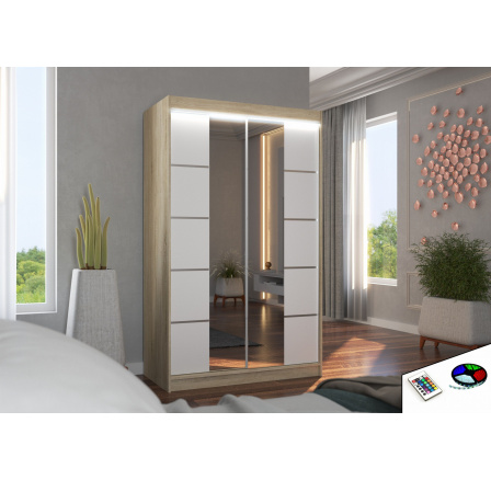 Posuvná skříň se zrcadlem a LED osvětlením GENUA 120 Sonoma+White