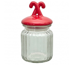 Sklenice s víčkem ve tvaru červených tyček