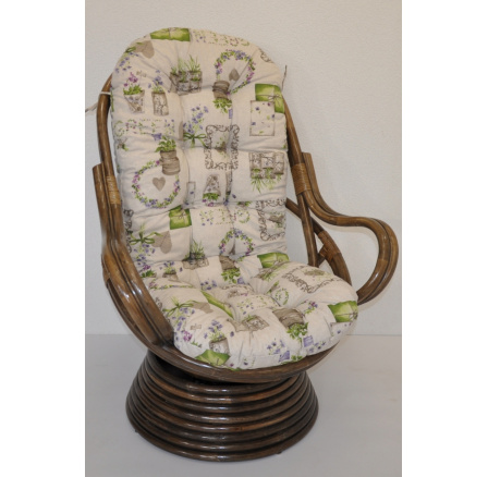 Ratanové houpací křeslo Swivel hnědé polstr motiv fialky