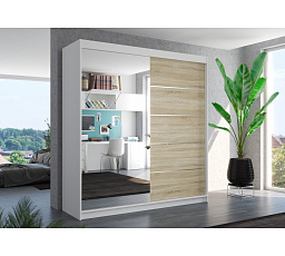 Šatní skříň s posuvnými dveřmi a zrcadlem OLIVER 200 Bílá+Sonoma