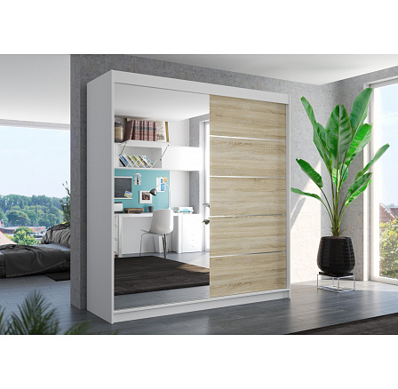 Šatní skříň s posuvnými dveřmi a zrcadlem OLIVER 200 Bílá+Sonoma