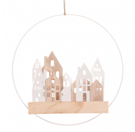 Domečky v kruhu na pověšení - LED osvětlení, kov a dřevo, bílé