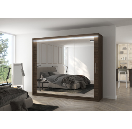Šatní skříň s posuvnými dveřmi, zrcadlem a LED osvětlením CHESTER 250 Choco+Choco