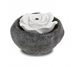 Fontána s LED osvětlením - polyresin, černá, dekor kámen a bílá růže