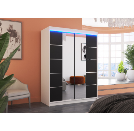 Posuvná skříň se zrcadlem a LED osvětlením NORDIC 150 Bílá+Černá