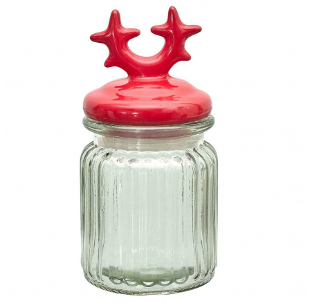 Sklenice s víčkem ve tvaru červených rohů