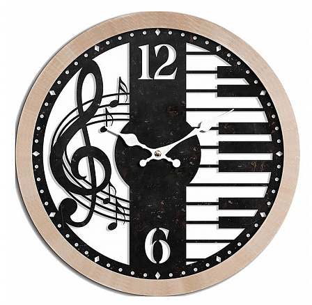 Hodiny nástěnné - pr. 60 cm, MDF a kov, houslový klíč a klávesy Hodiny nástěnné - pr. 60 cm, MDF a kov, houslový klíč a klávesy
