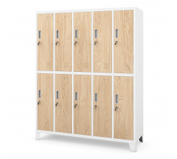 Plechová uzamykatelná šatní skříň s 10 boxy BARTEK, 1360 x 1720 x 450 mm, Eco Design: bílá/dub sonoma