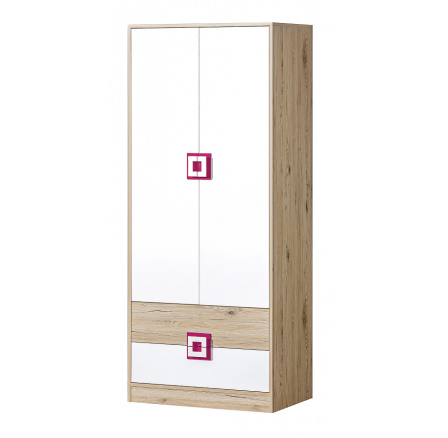 Šatní skříň NICO 01, Světlý Dub/Bílá/Růžová