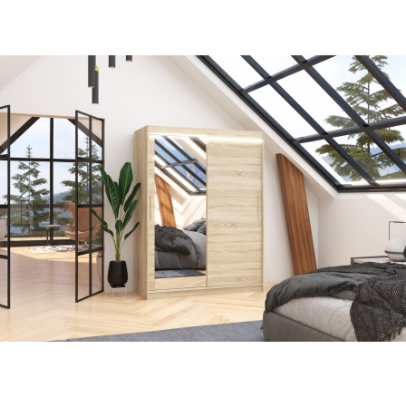 Posuvná skříň se zrcadlem a LED osvětlením BIANCO 150 Sonoma+Sonoma