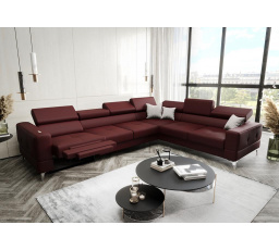 Rohová Kožená sedací souprava s funkcí spaní a , relaxU - TOSCANIA MAX 320x250 cm - vínová , pravá