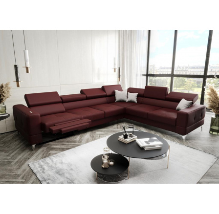 Rohová Kožená sedací souprava s funkcí spaní a , relaxU - TOSCANIA MAX 320x250 cm - vínová , pravá