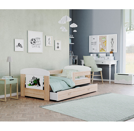 Dětská postel FILIP se šuplíkem bez matrace, 160x80 cm, Bílá/Dub Sonoma/Fotbal Dětská postel FILIP se šuplíkem bez matrace, 160x80 cm, Bílá/Dub Sonoma/Fotbal