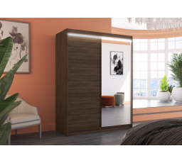 Šatní skříň s posuvnými dveřmi, zrcadlem a LED osvětlením JORDI 150 Choco+Choco