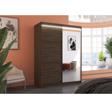 Šatní skříň s posuvnými dveřmi, zrcadlem a LED osvětlením JORDI 150 Choco+Choco