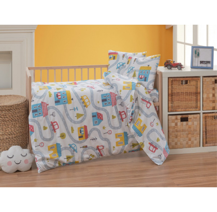 Bavlněné dětské povlečení do malé postýlky 90x135, 45x60 cm Městečko nitěný knoflík