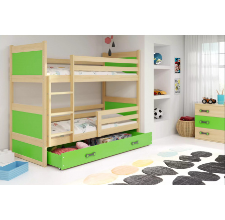 Dětská patrová postel RICO se šuplíkem 90x200 cm, bez matrace, Přírodní/Zelená Dětská patrová postel RICO se šuplíkem 90x200 cm, bez matrace, Přírodní/Zelená