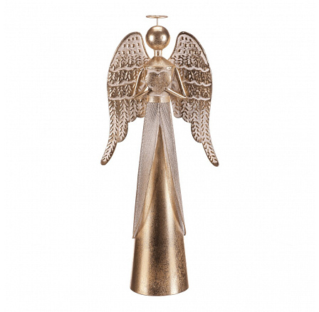 Anděl kovový - 57 cm, se srdcem v rukou, zlatý