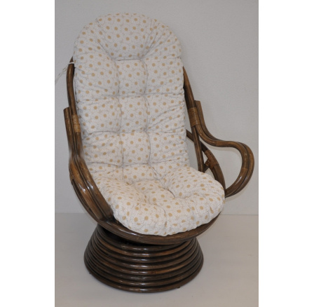 Ratanové houpací křeslo Swivel hnědé polstr motiv kopretiny