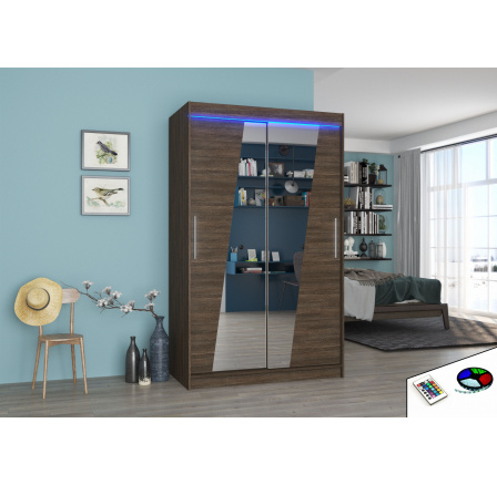 Šatní skříň s posuvnými dveřmi, zrcadlem a LED osvětlením TEXAS 120 Choco+Choco