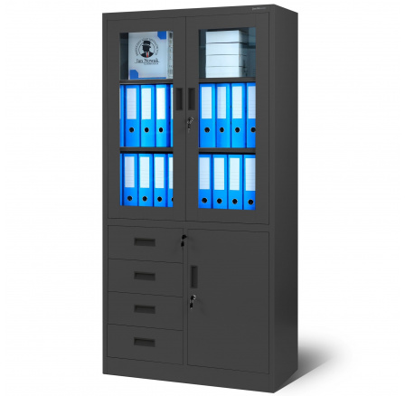 Kancelářská prosklená kovová skříň na dokumenty se zásuvkami WIOLA, 900 x 1850 x 400 mm, antracitová